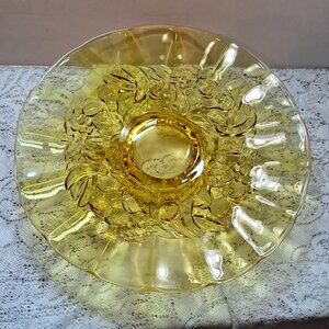 Vintage Yellow Amber Indiana Glass Pedestal Cake Plate with Fruit Center Motif